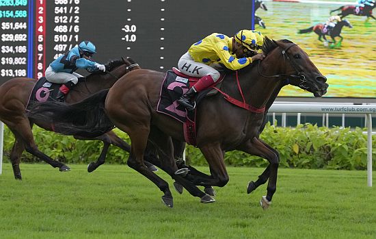 Burridge-trained Mr Malek (A'Isisuhairi Kasim) gets the better of The August (Daniel Moor, obscured) to take out the Korea Racing Authority Trophy on 8 July 2023.