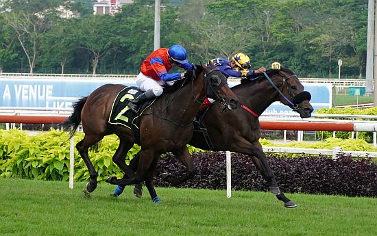 Invincible Tycoon (A'Isisuhairi Kasim) fends off Cyclone (Ronnie Stewart) to score in the $100,000 Rocket Man 2009-2012 Stakes (1600m) on 27 August 2023.