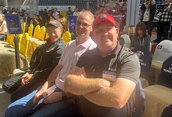 Like a boss: Trainer Daniel Meagher (right), jockey Wong Chin Chuen (left) and Meagher's friend Glen Thompson all smiles at the barrier draw ceremony (photo courtesy of Meagher).