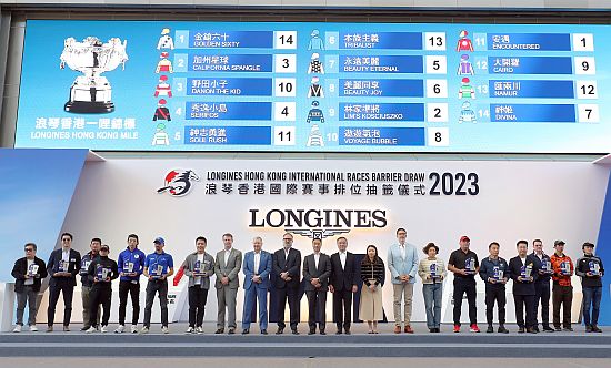 Various representatives posing for a group shot after the barrier draw on Thursday morning. Trainer Daniel Meagher (sixth from right) draws gate two for Lim's Kosciuszko (photo courtesy of Hong Kong Jockey Club).